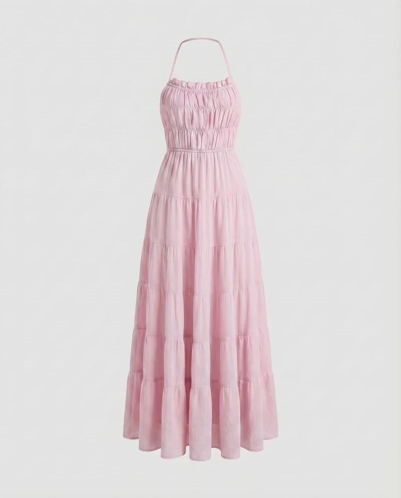 Damen Chiffon-Maxikleid Smokoberteil Rüschenkante Stufenvolant