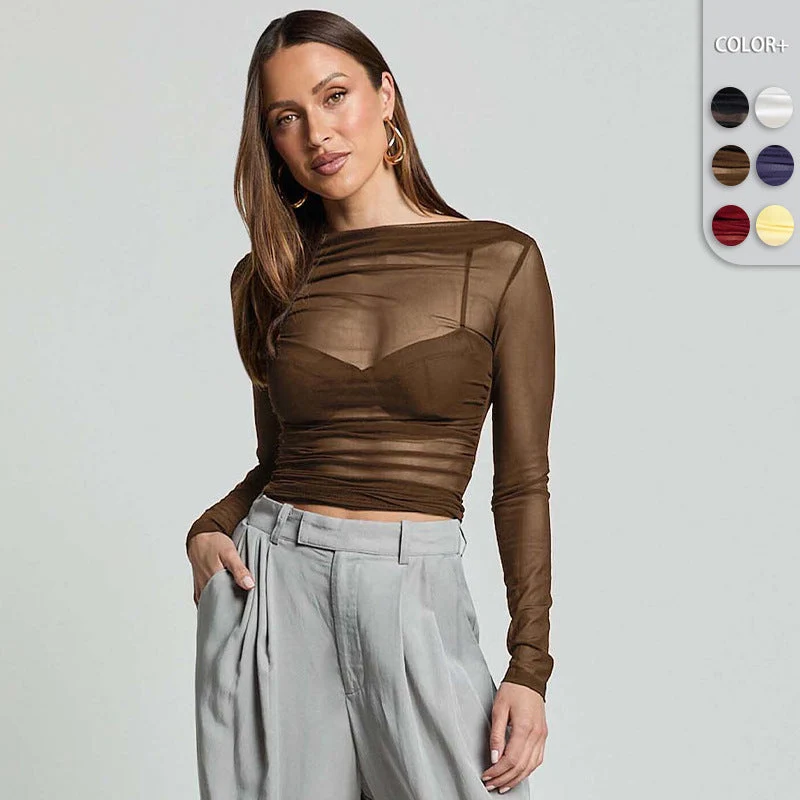 Damen Elegantes Langarmoberteil mit transparentem Mesh und Raffung