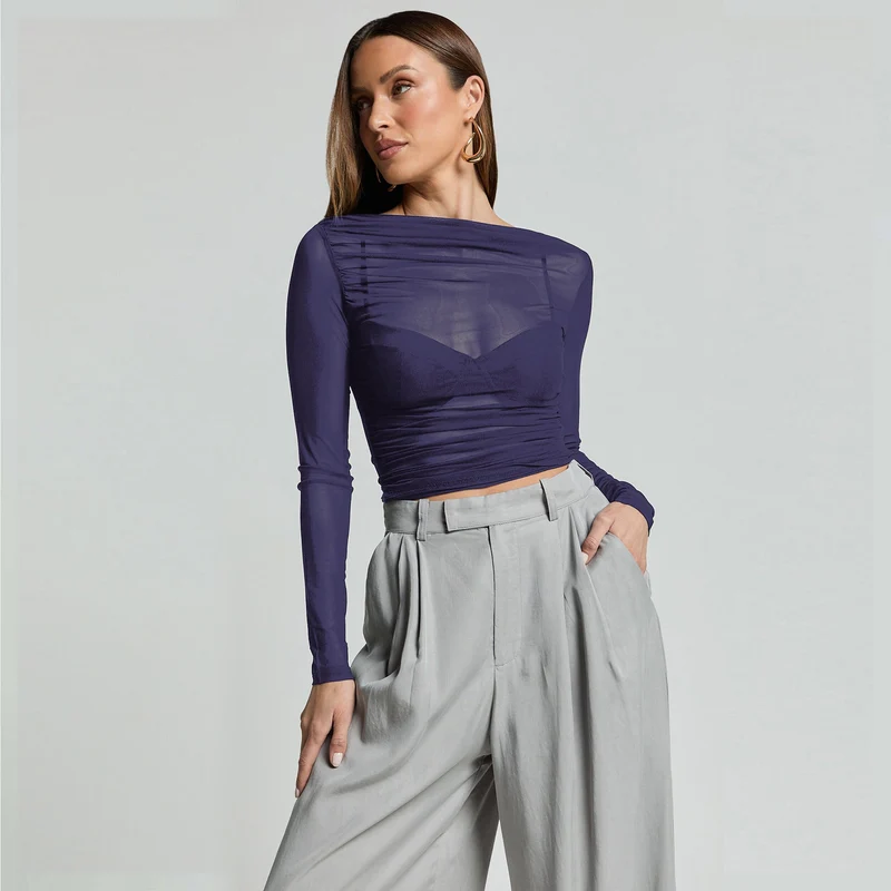 Damen Elegantes Langarmoberteil mit transparentem Mesh und Raffung