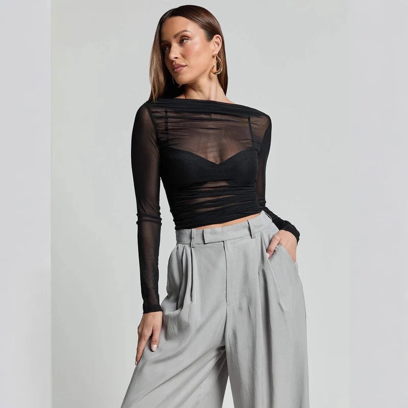 Damen Elegantes Langarmoberteil mit transparentem Mesh und Raffung