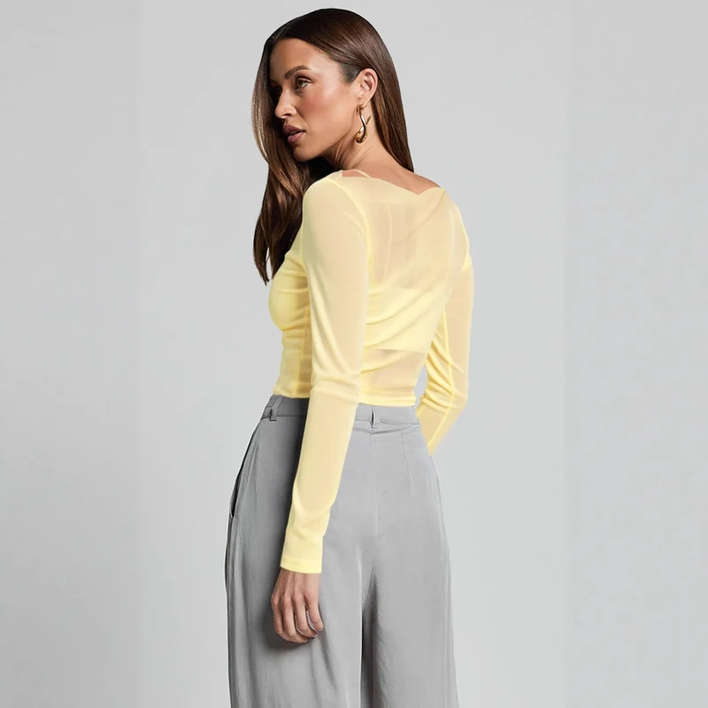 Damen Elegantes Langarmoberteil mit transparentem Mesh und Raffung
