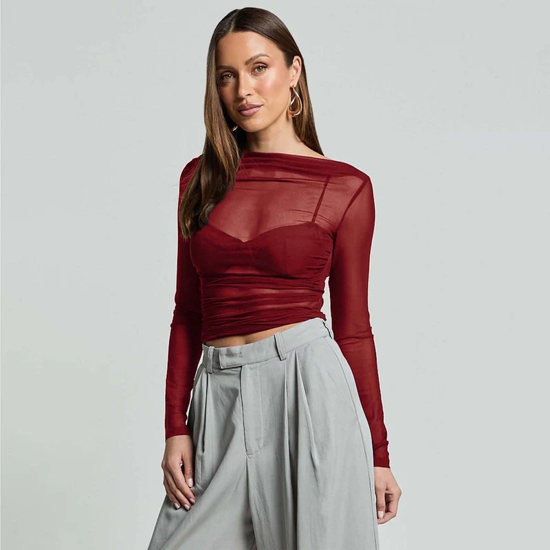 Damen Elegantes Langarmoberteil mit transparentem Mesh und Raffung
