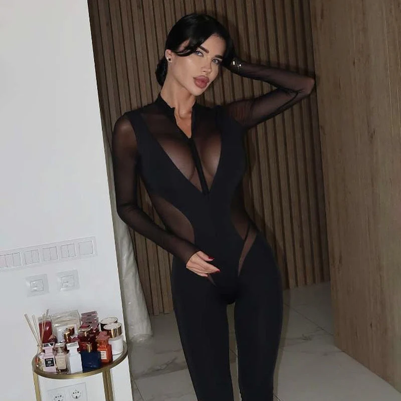 Damen Eleganter Catsuit mit transparenten Einsätzen und hohem Kragen