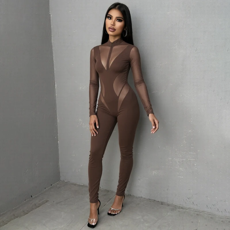 Damen Eleganter Catsuit mit transparenten Einsätzen und hohem Kragen