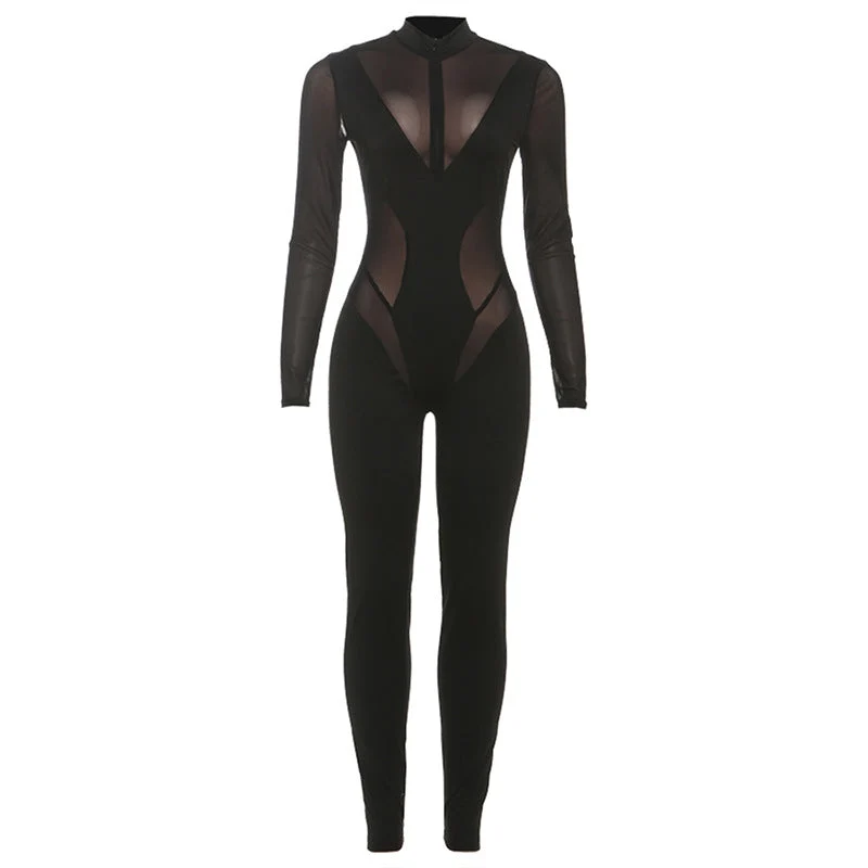 Damen Eleganter Catsuit mit transparenten Einsätzen und hohem Kragen