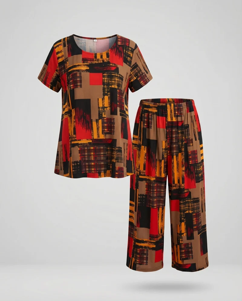 Damen Hausanzug Kurzarmshirt Culotte-Hose Zweiteilig