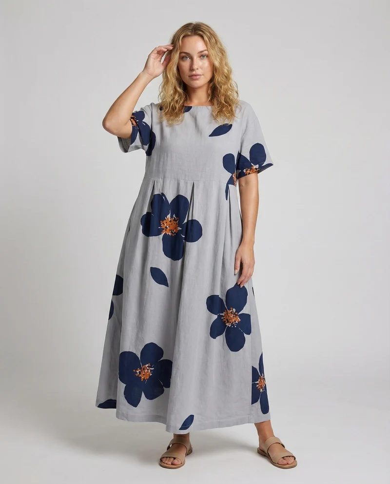 Damen Lockere Blumenprint Leinenmix Traumkleid