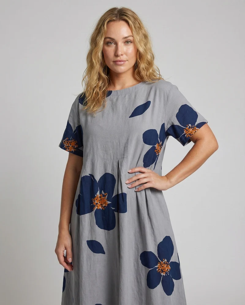 Damen Lockere Blumenprint Leinenmix Traumkleid