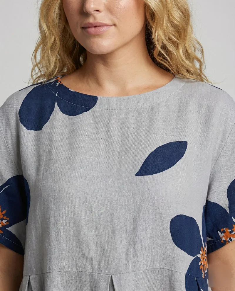 Damen Lockere Blumenprint Leinenmix Traumkleid