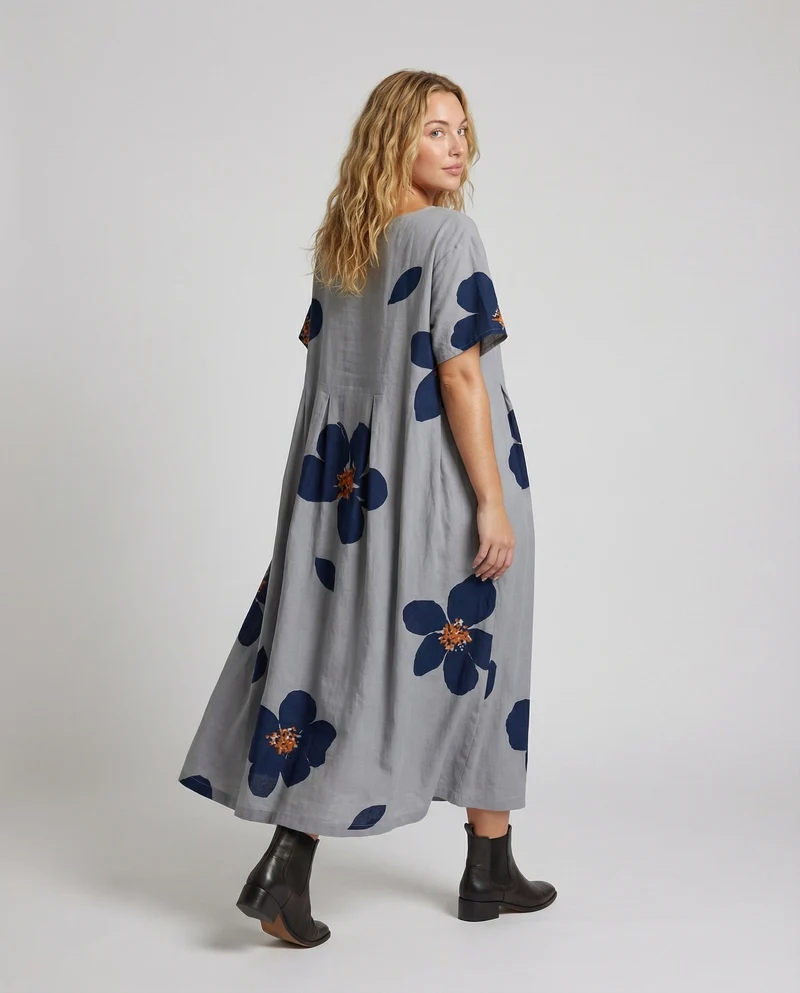 Damen Lockere Blumenprint Leinenmix Traumkleid