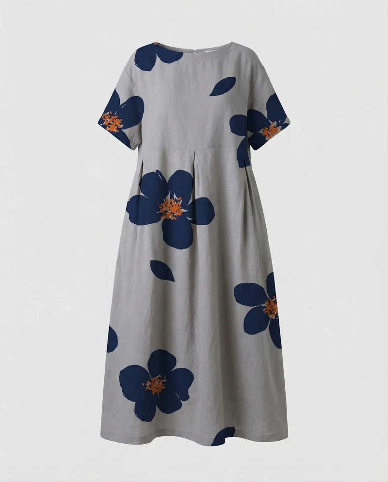 Damen Lockere Blumenprint Leinenmix Traumkleid