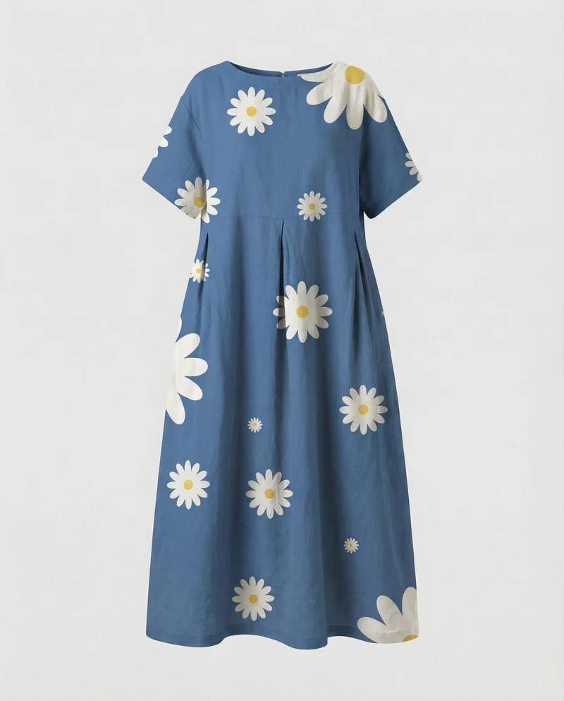 Damen Lockere Blumenprint Leinenmix Traumkleid