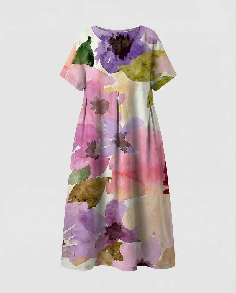 Damen Lockere Blumenprint Leinenmix Traumkleid