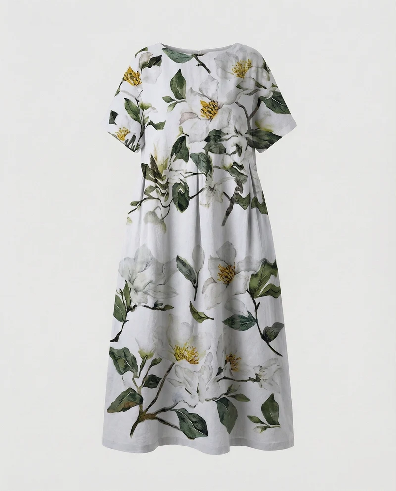 Damen Lockere Blumenprint Leinenmix Traumkleid
