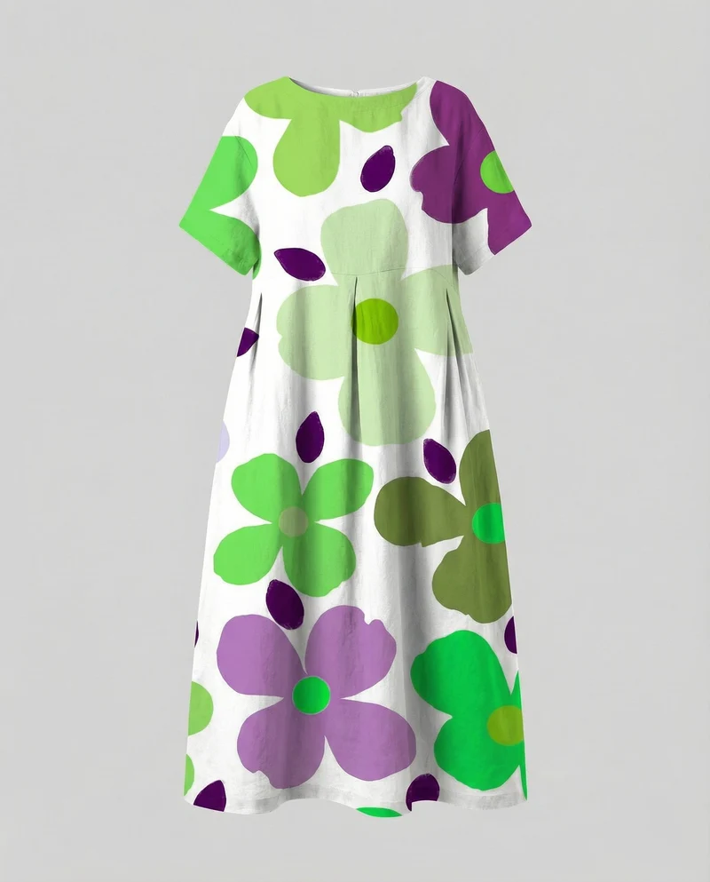 Damen Lockere Blumenprint Leinenmix Traumkleid