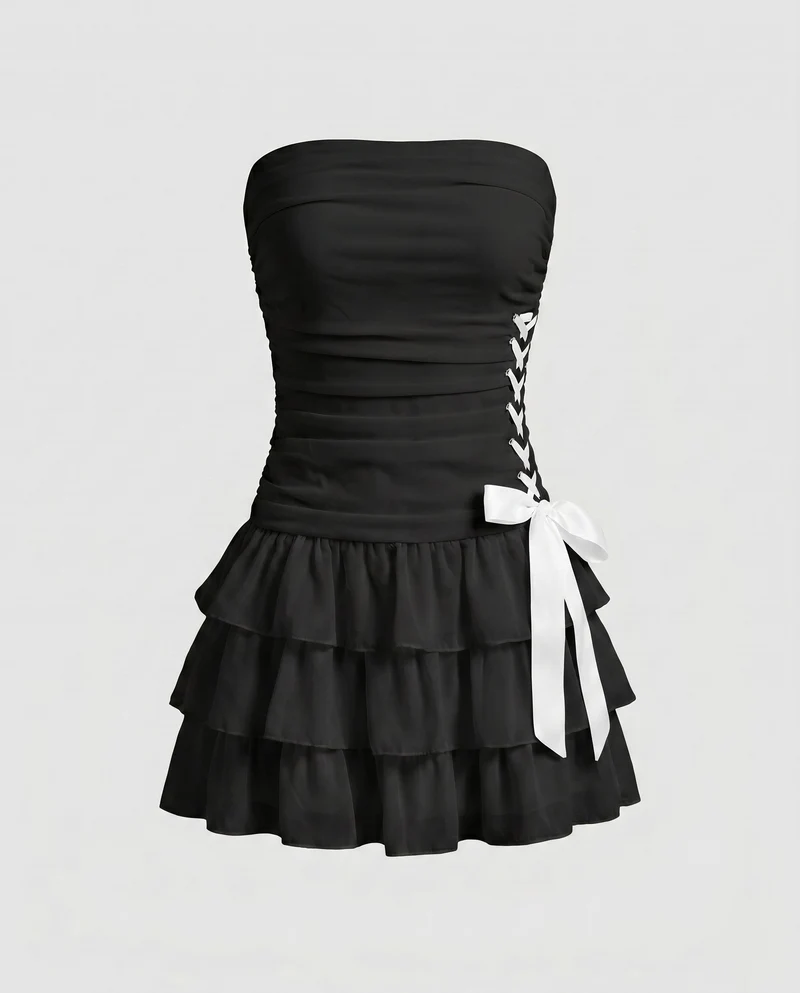 Damen Elegante Geraffte Korsage MischgewNord Taschene Abend-Minikleid