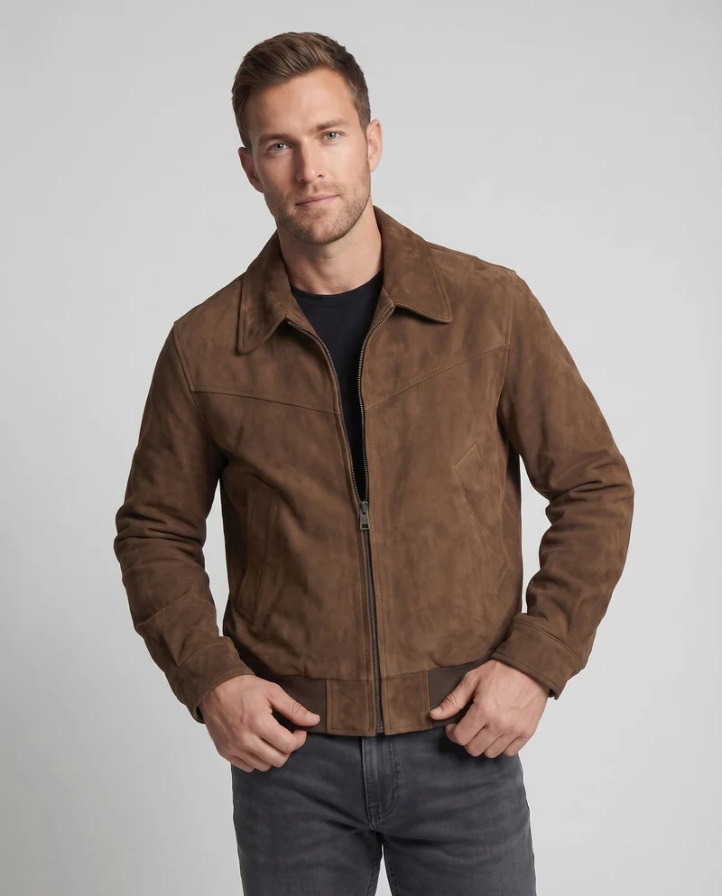 Herren Velourslederjacke Kurz Hemdkragen Metallzipper