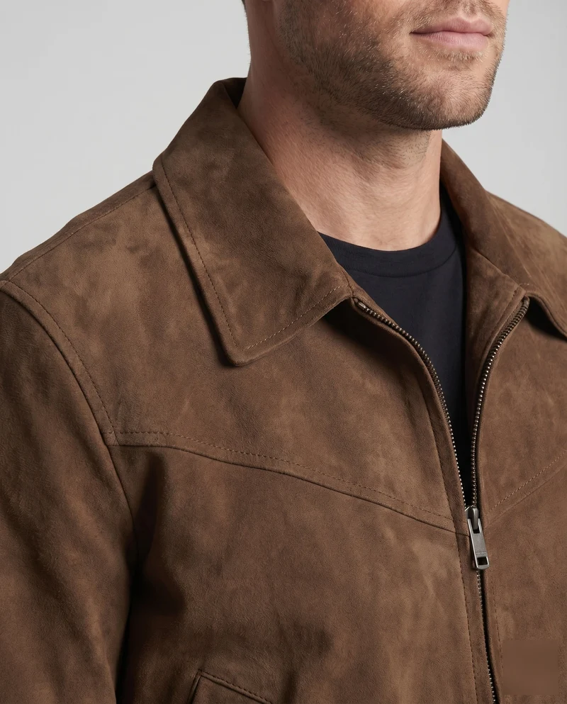 Herren Velourslederjacke Kurz Hemdkragen Metallzipper
