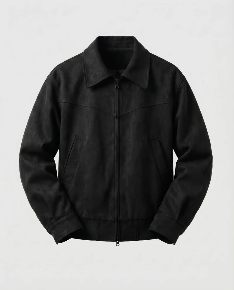 Herren Velourslederjacke Kurz Hemdkragen Metallzipper