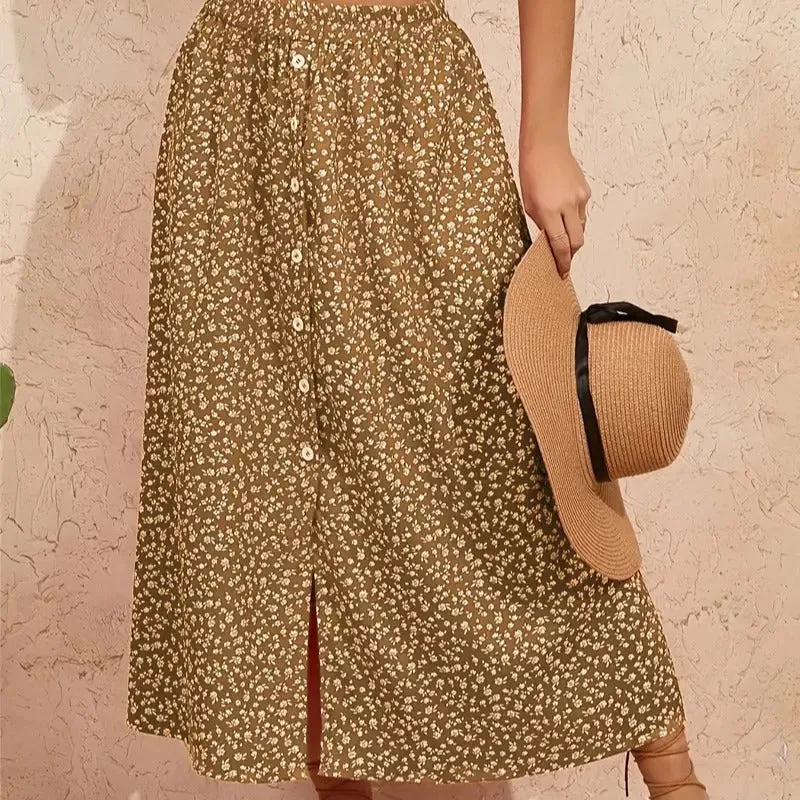 Damen Maxirock mit floralen Knopfdetails und seitlichem Schlitz Nord Taschen
