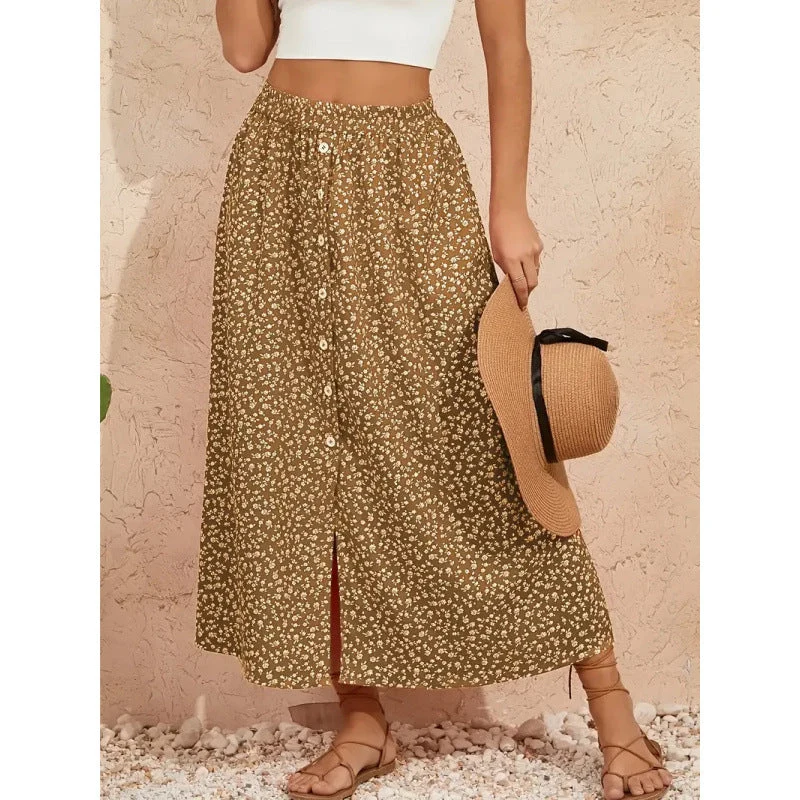 Damen Maxirock mit floralen Knopfdetails und seitlichem Schlitz Nord Taschen