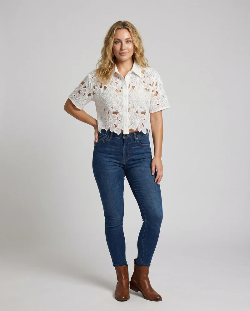 Damen Häkel Spitzenbluse mit Blumenmotiv