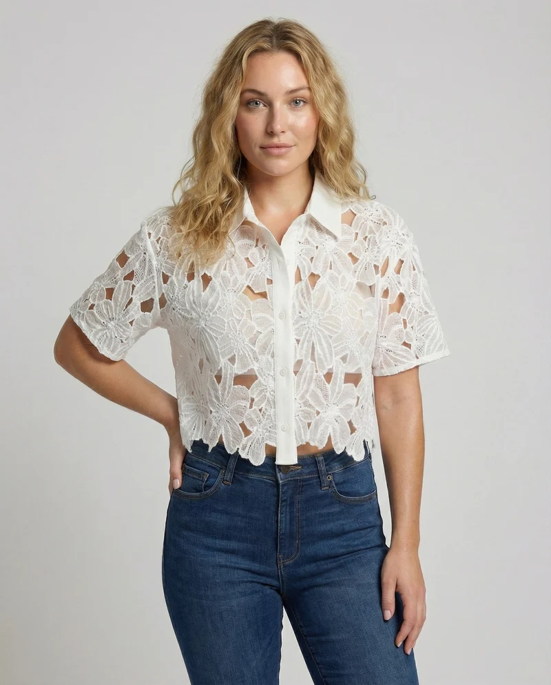 Damen Häkel Spitzenbluse mit Blumenmotiv