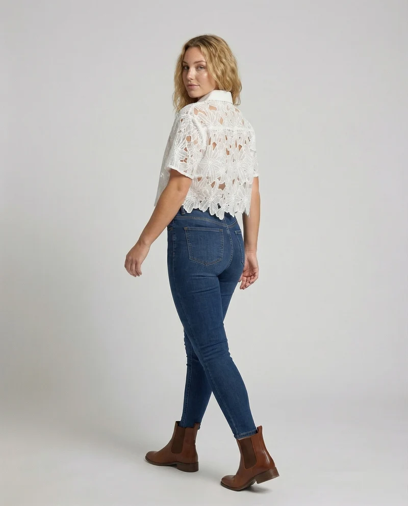 Damen Häkel Spitzenbluse mit Blumenmotiv