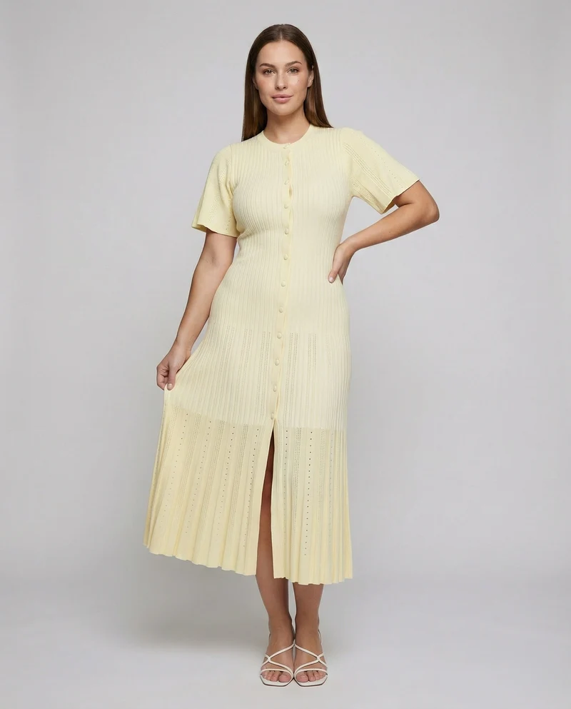 Damen nan knopfbesetztes Rippstrick-Midikleid mit figurbetonter Oberweite, ausgestelltem Plisseesaum und Pointelle-Details Nord Taschen