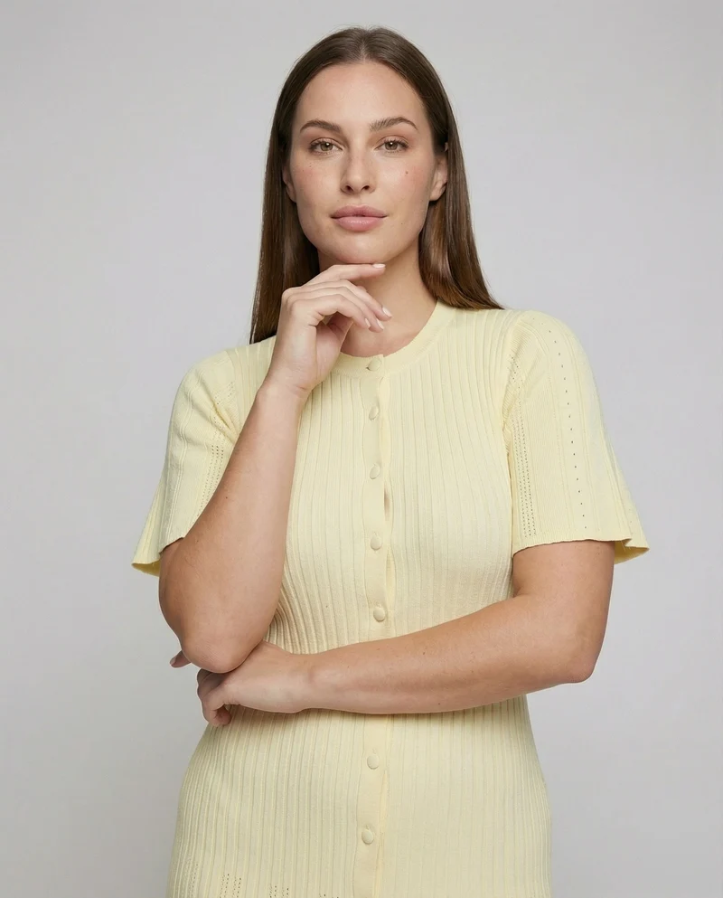 Damen nan knopfbesetztes Rippstrick-Midikleid mit figurbetonter Oberweite, ausgestelltem Plisseesaum und Pointelle-Details Nord Taschen