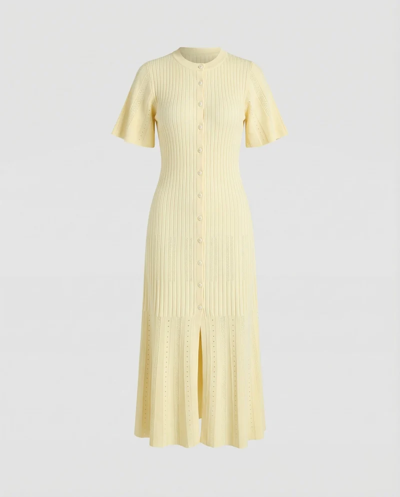 Damen nan knopfbesetztes Rippstrick-Midikleid mit figurbetonter Oberweite, ausgestelltem Plisseesaum und Pointelle-Details Nord Taschen