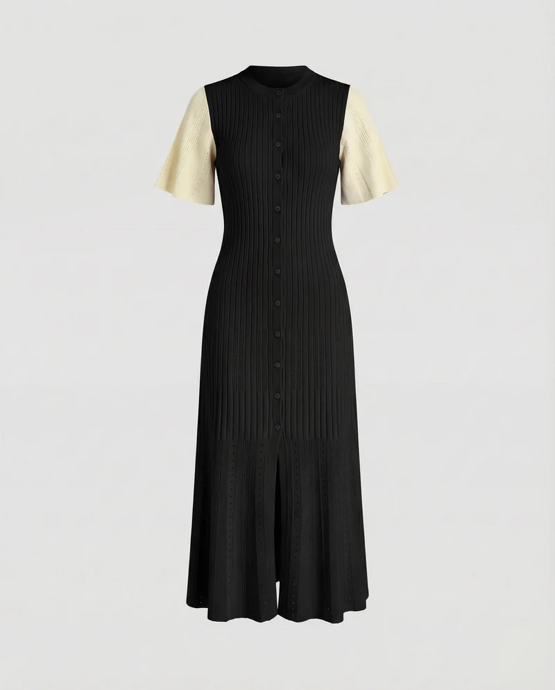 Damen nan knopfbesetztes Rippstrick-Midikleid mit figurbetonter Oberweite, ausgestelltem Plisseesaum und Pointelle-Details Nord Taschen