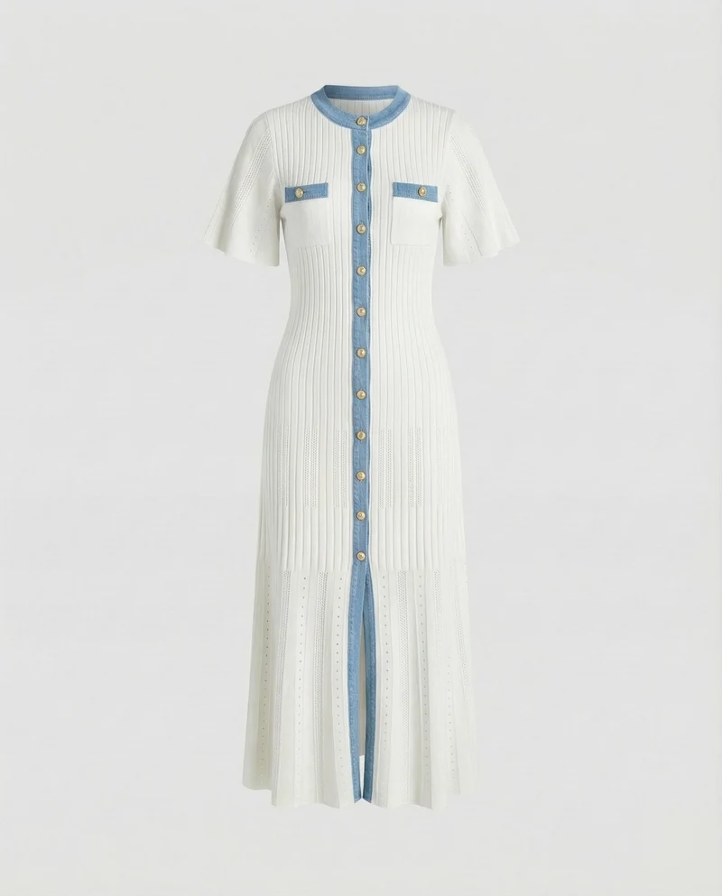 Damen nan knopfbesetztes Rippstrick-Midikleid mit figurbetonter Oberweite, ausgestelltem Plisseesaum und Pointelle-Details Nord Taschen