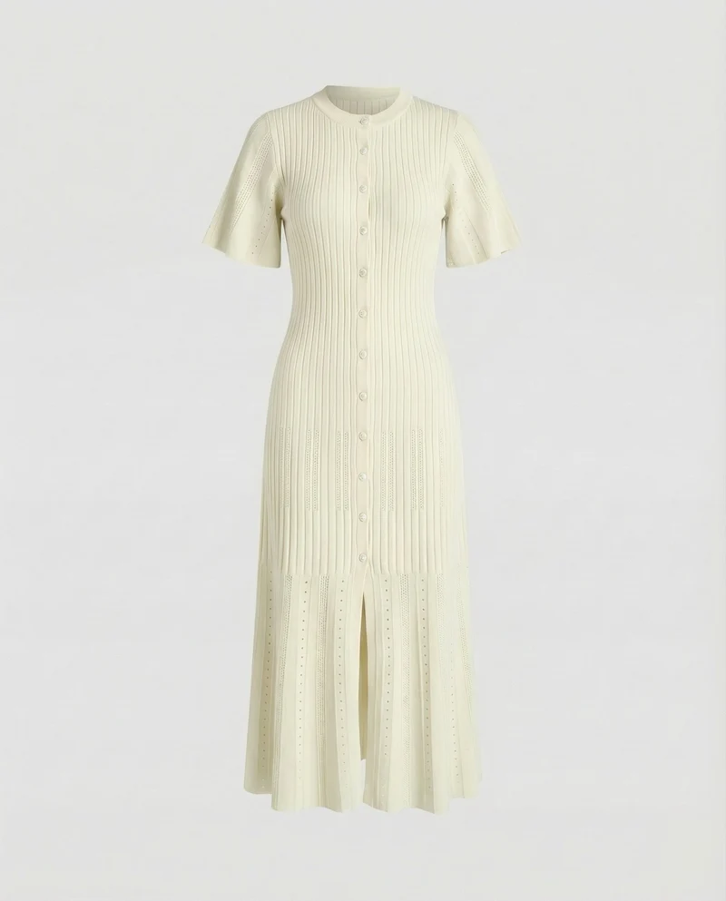Damen nan knopfbesetztes Rippstrick-Midikleid mit figurbetonter Oberweite, ausgestelltem Plisseesaum und Pointelle-Details Nord Taschen