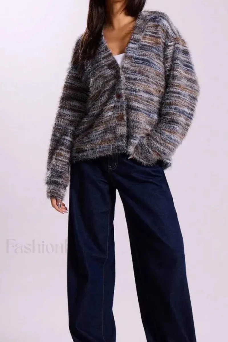 Vintage Streifen Cardigan mit V-Ausschnitt