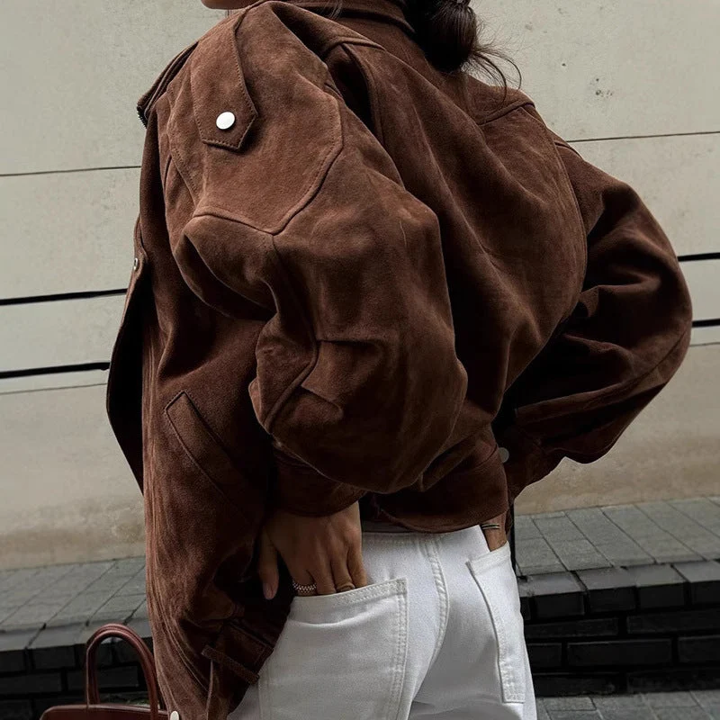 Damen lässige Wildlederjacke im Oversized-Stil mit Taillengürtel