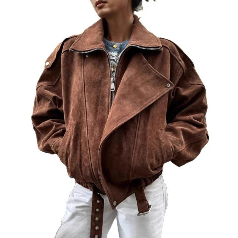 Damen lässige Wildlederjacke im Oversized-Stil mit Taillengürtel