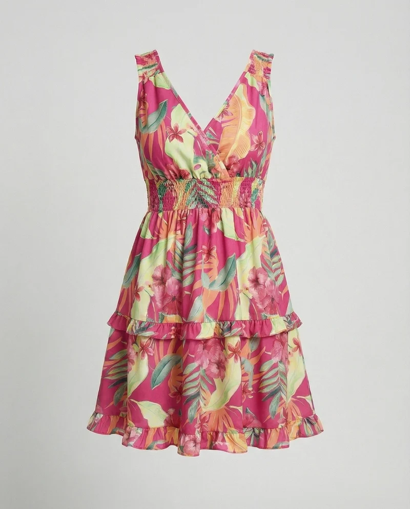 Damen Sommerkleid V-Ausschnitt mit Volantrock