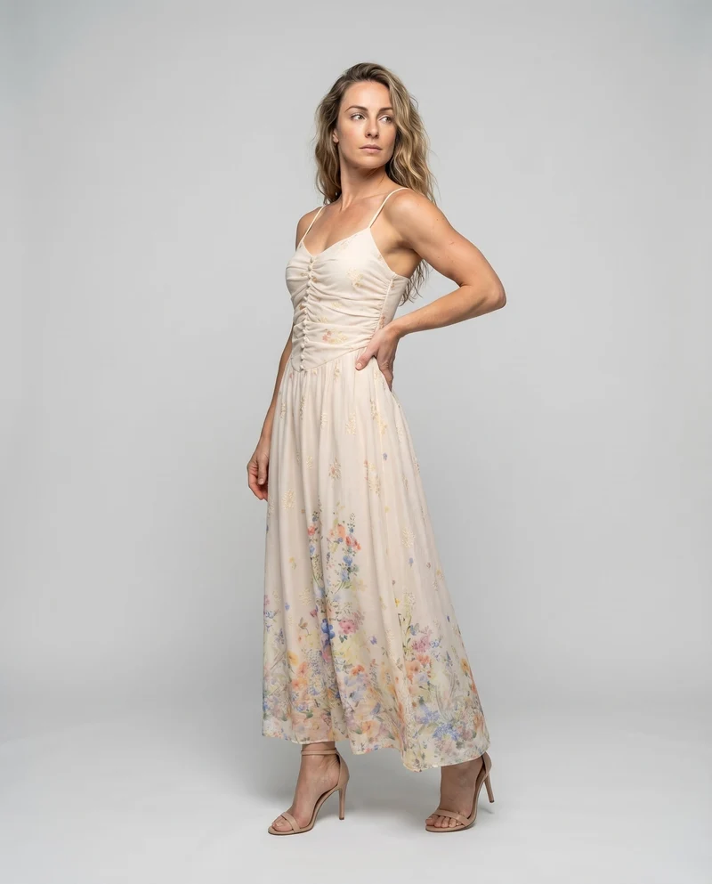 Damen Maxikleid Geraffte Corsage Bindeträger Floraler Saum