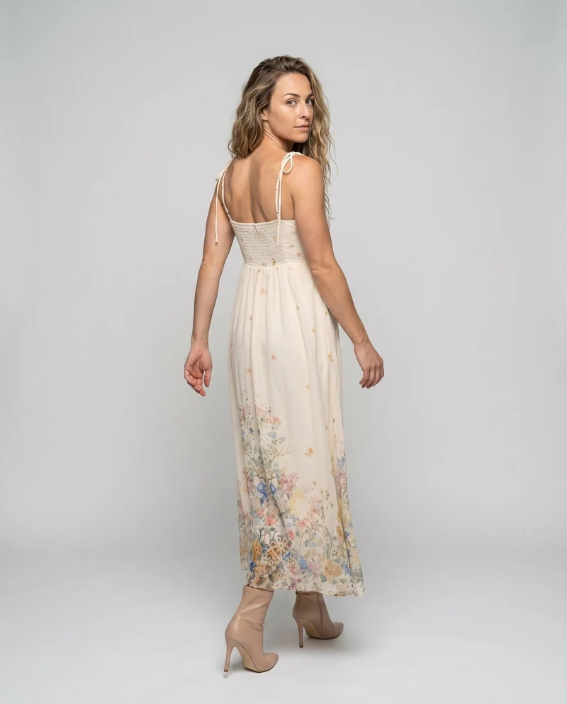 Damen Maxikleid Geraffte Corsage Bindeträger Floraler Saum