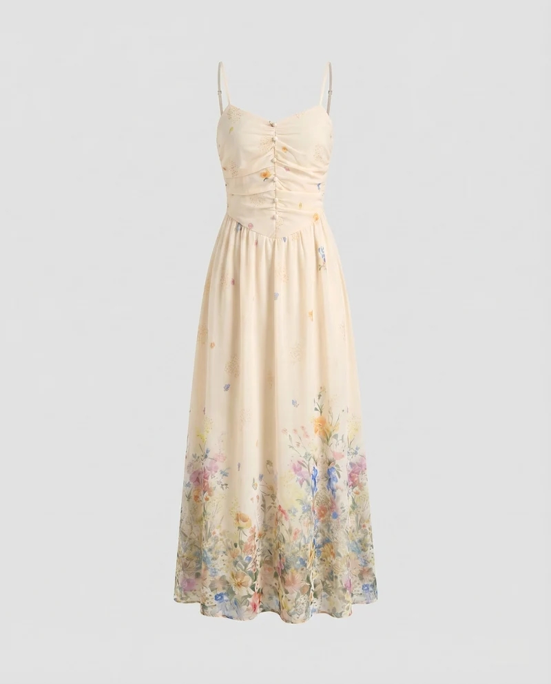 Damen Maxikleid Geraffte Corsage Bindeträger Floraler Saum
