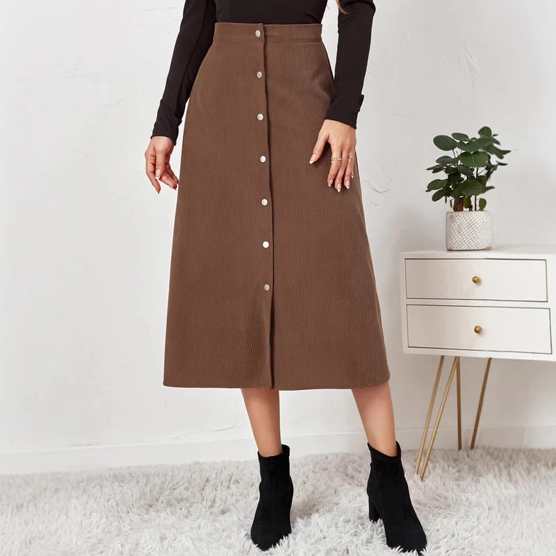 Damen Maxirock mit Knopfleiste aus strukturiertem Cord