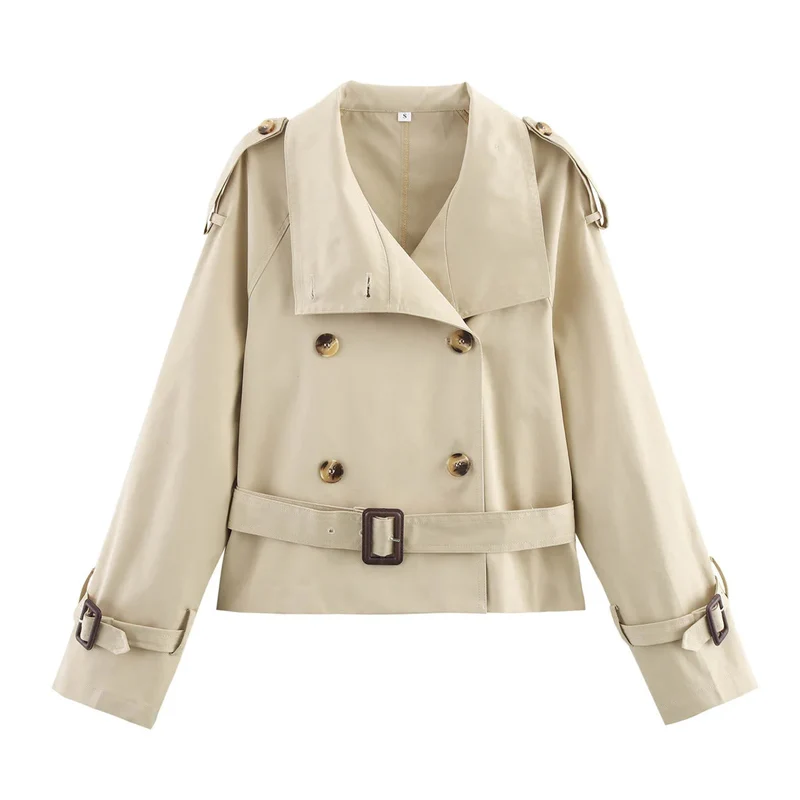 Damen modische Trenchjacke mit einzigartigen Knopfdetails und modernem Gürtel