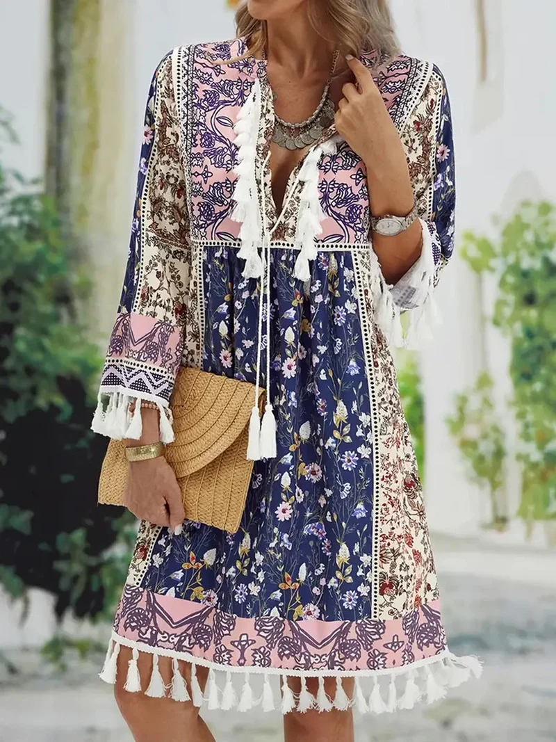Damen Boho-inspiriertes Tunika-Kleid mit eleganten Fransen Nord Taschen