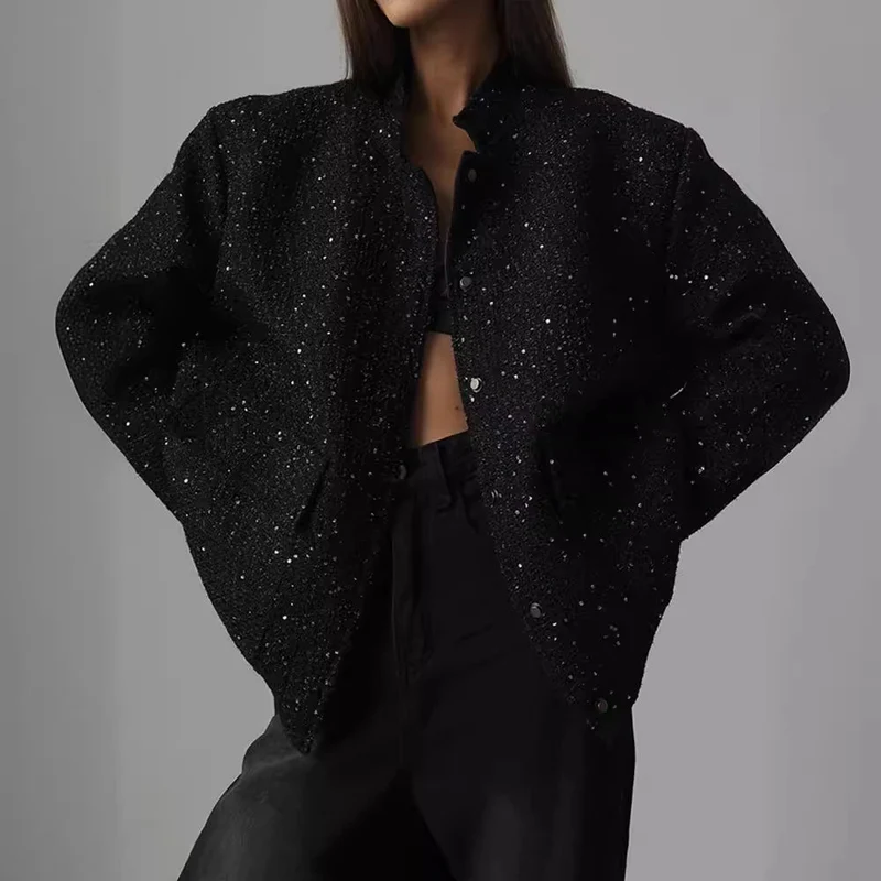 Damen Glamouröse Glitzerjacke mit oversized Schnitt und modischen Taschen