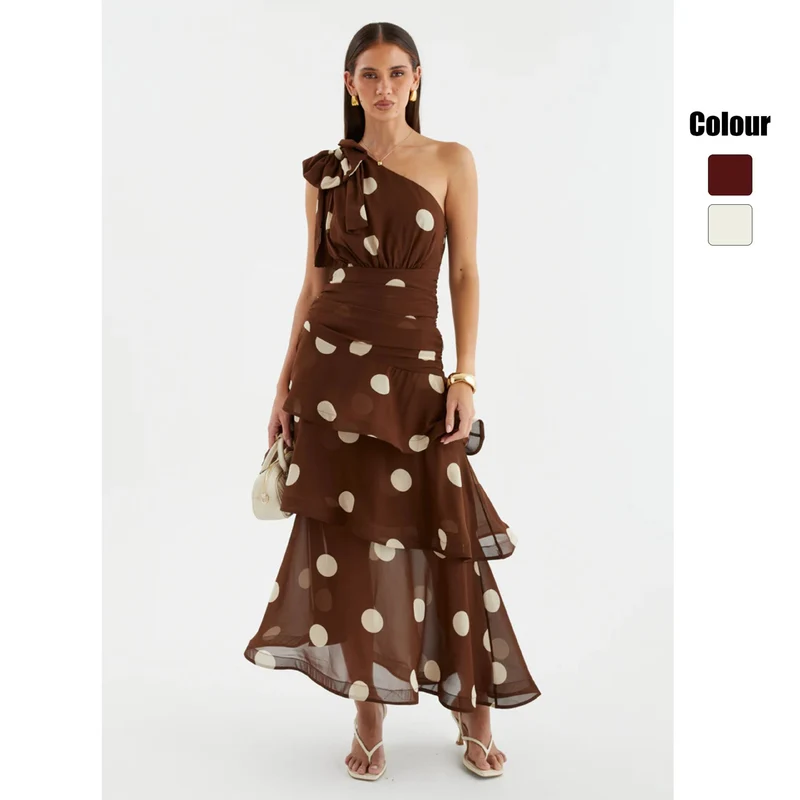 Damen Maxikleid mit asymmetrischem Schulterdesign und voluminösem Rock Nord Taschen