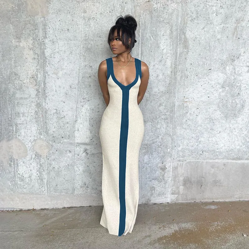 Damen elegantes Maxikleid mit tiefem V-Ausschnitt und kontrastierendem Streifen