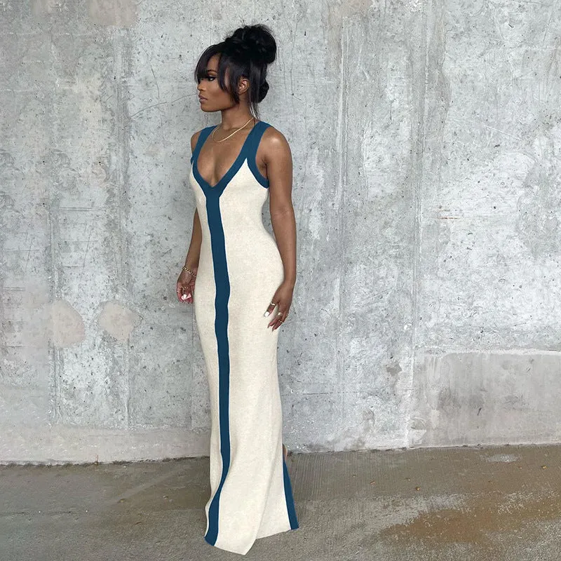 Damen elegantes Maxikleid mit tiefem V-Ausschnitt und kontrastierendem Streifen