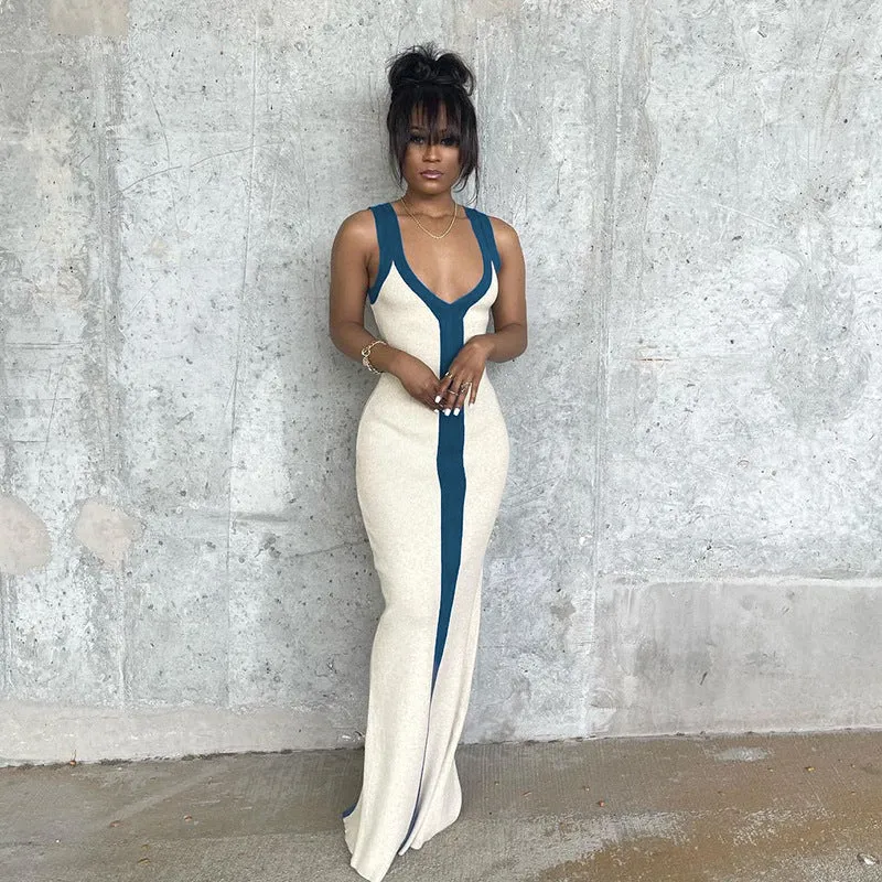 Damen elegantes Maxikleid mit tiefem V-Ausschnitt und kontrastierendem Streifen