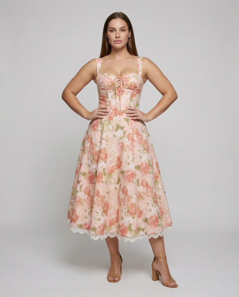 Damen nan Midikleid mit herzförmigem Ausschnitt, tailliertem Korsagen-Oberteil und ausgestelltem A-Linien-Rock